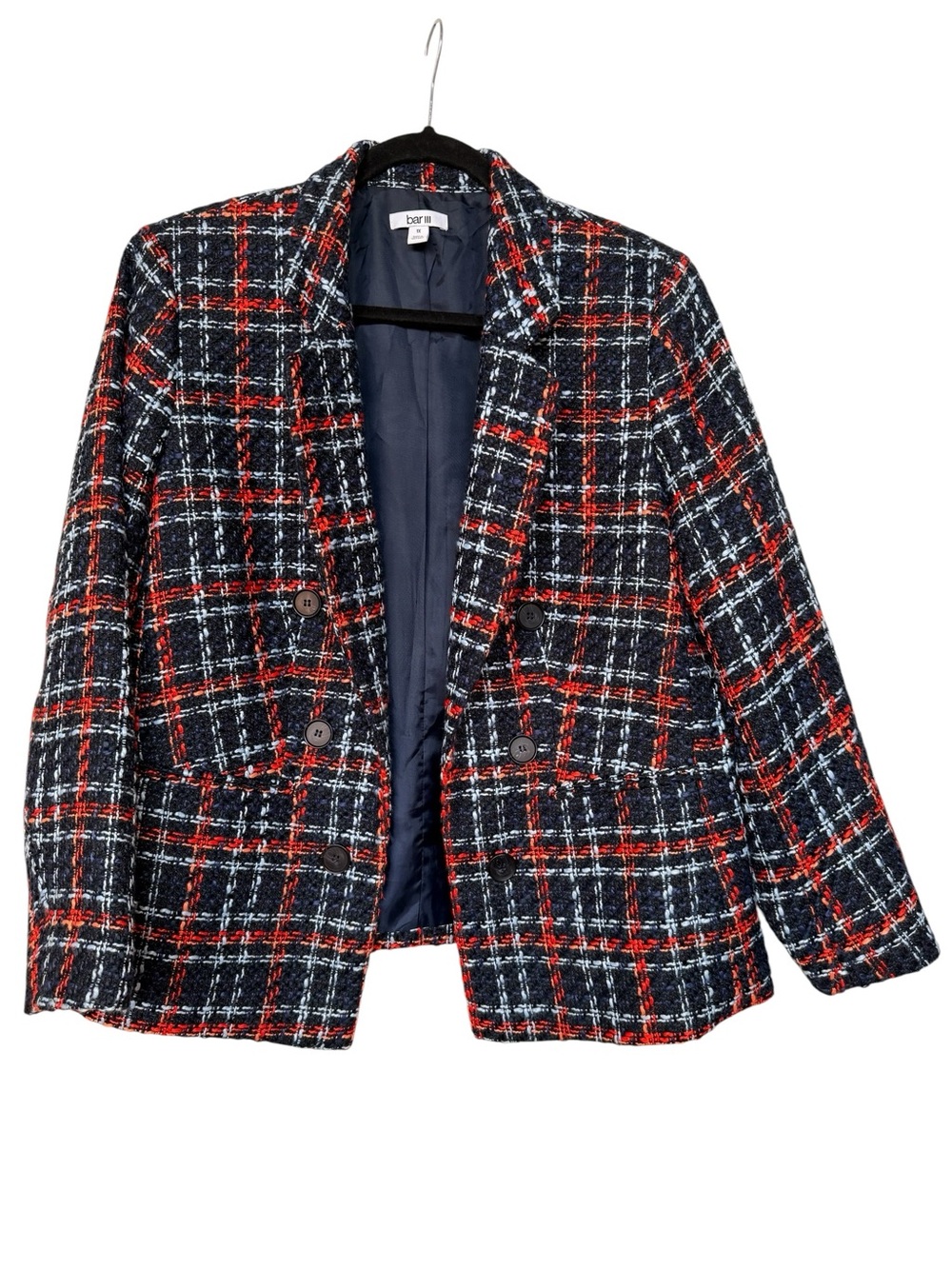 Bar III Navy Orange Multi Plaid Tweed Double Breasted Blazer